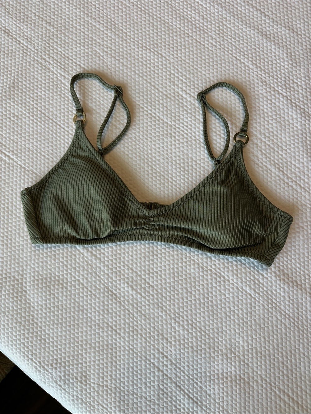 Aerie Ribbed Scoop Bikini Top Olive Green Ring Detail Size S